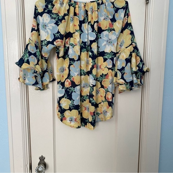 Chaps Shirt Floral Cottagecore Blouse Ruffle 3/4 Princess Sleeves Yellow Size S - Picture 3 of 9